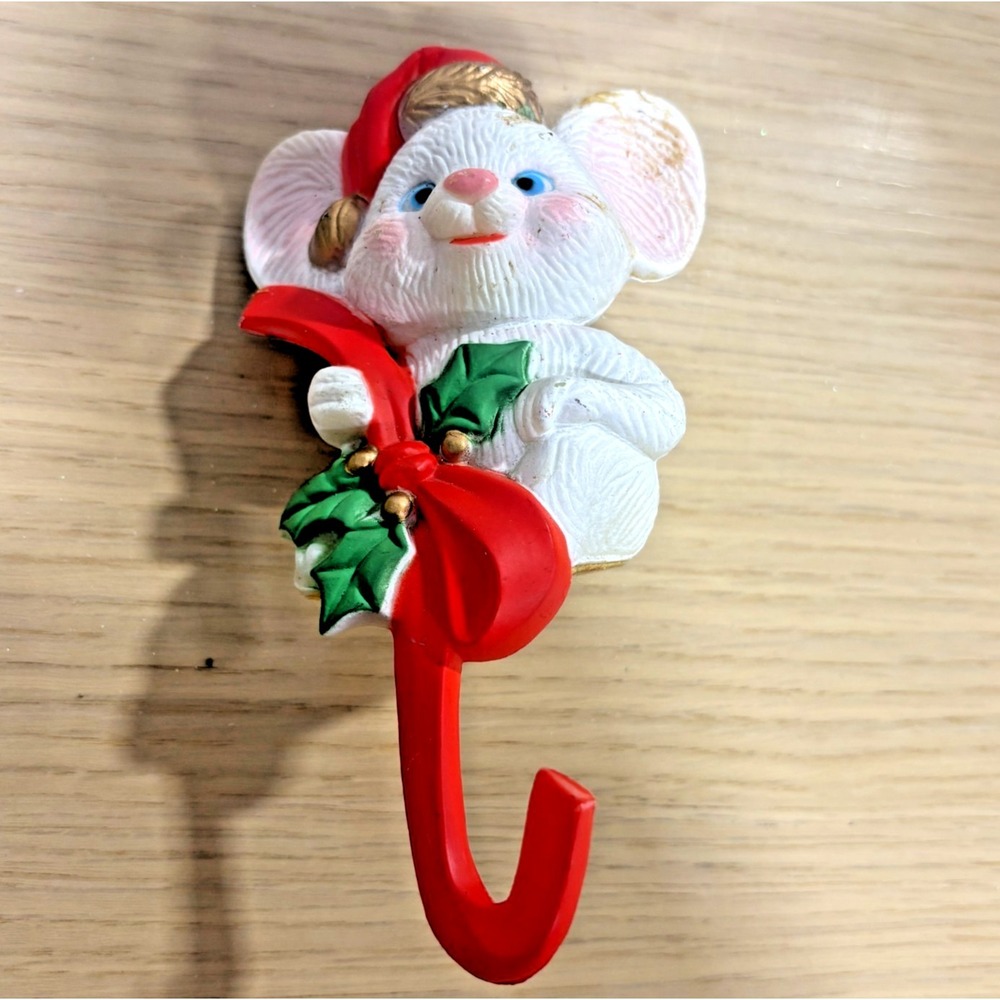 Vintage Christmas White Mouse Stocking Holder Hook Santa Hat Holly Decor Shelf